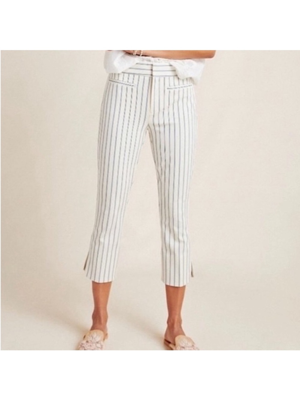 Anthropologie the essential cream/navy slim crops sz 8